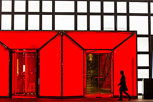中国,北京,剪影,购物者,走,过去,发光,红色,入口,奢华,购物中心,中央商务区