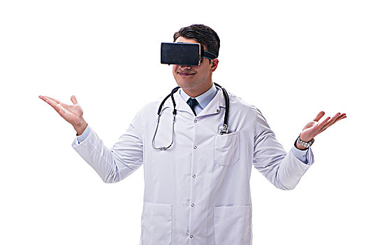 医生,戴着,虚拟现实,眼镜,白色背景