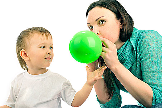 小男孩,女人,玩,空气,气球