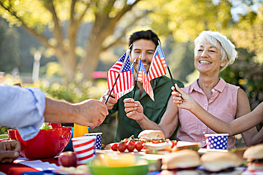 家庭,拿着,美国国旗,食物,公园,幸福之家