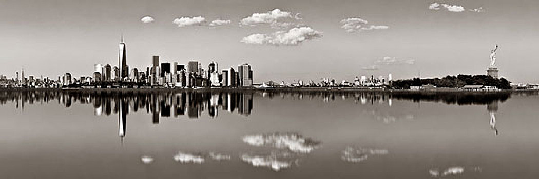 曼哈顿,市区,天际线,城市,摩天大楼,上方,河,反射