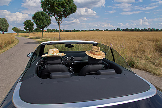 夏天,太阳,汽车,两个,草帽,敞篷车