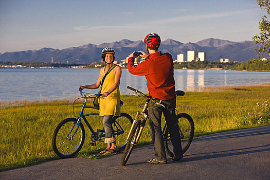 骑自行车,休息,自拍,沿岸,小路,天际线,背景,阿拉斯加