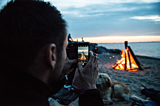 男人,照相,营火,海滩