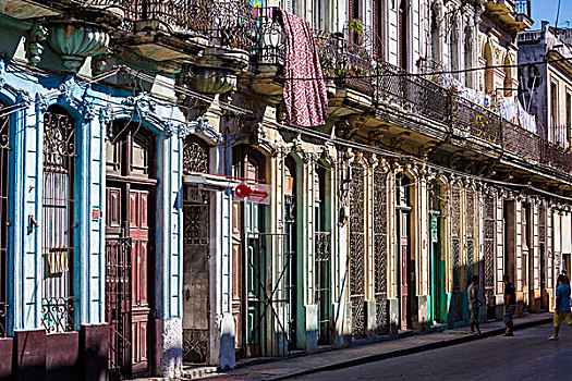 排,彩色,淡色调,建筑,阻挡,窗户,哈瓦那,古巴