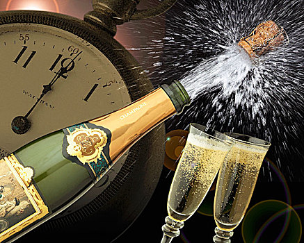 新年,庆贺,香槟酒塞,瓶子,两个,玻璃杯,香槟