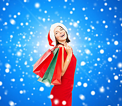 销售,礼物,圣诞节,休假,人,概念,微笑,女人,红裙,购物袋,上方,蓝色,雪,背景