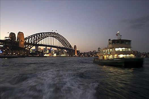 澳大利亚,新南威尔士,悉尼,海港大桥,黄昏,港口,渡轮,模糊