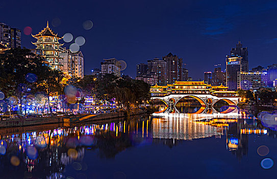 成都九眼桥锦江廊桥夜景晚霞