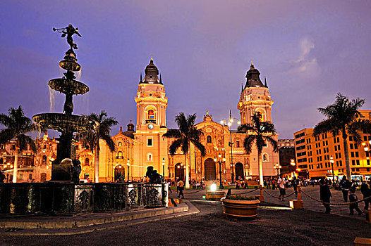 大教堂,广场,阿玛斯,傍晚,利马,世界遗产,秘鲁,南美