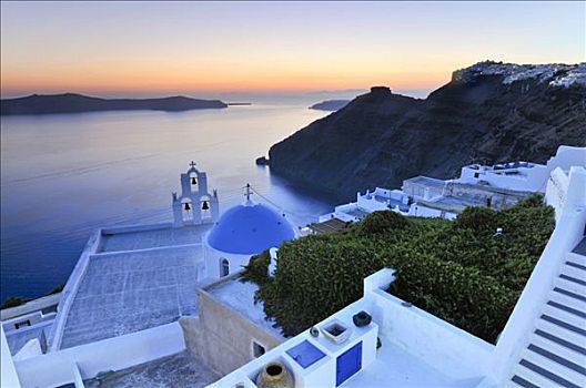 楼梯,白色,希腊,教堂,蓝色,圆顶,钟楼,日落,锡拉岛,基克拉迪群岛,欧洲
