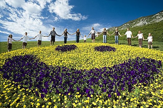 大家庭,群体,笑脸,花,展示