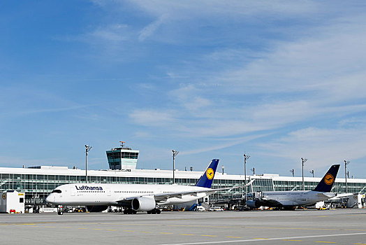 汉莎航空公司,空中客车,卫星,航站楼,慕尼黑,机场,上巴伐利亚,巴伐利亚,德国,欧洲