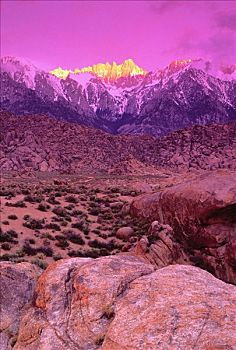 日落,上方,内华达山脉,惠特尼山,加利福尼亚,美国