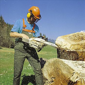 男人,工作,切,木头,链锯,防护,衣服,头盔,工具