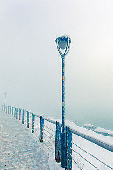 松花江边大雾中结霜的路灯