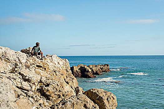 成熟,男人,坐,石头,海洋,观景