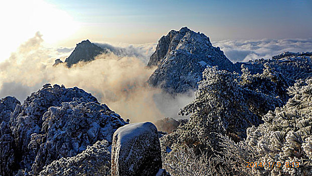 黄山,雪景,光明顶,日出,雾,云海