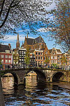 石桥,上方,运河,城市,中心,阿姆斯特丹,荷兰
