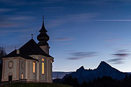 朝圣教堂,玛丽亚-格恩,黄昏,攀升,瓦茨曼山,后面,巴伐利亚,德国,欧洲