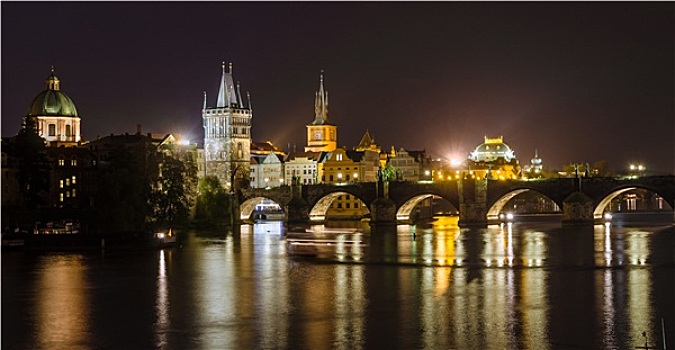 夜景,伏尔塔瓦河,桥,布拉格