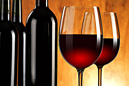 构图,两个,葡萄酒杯,瓶子,红酒