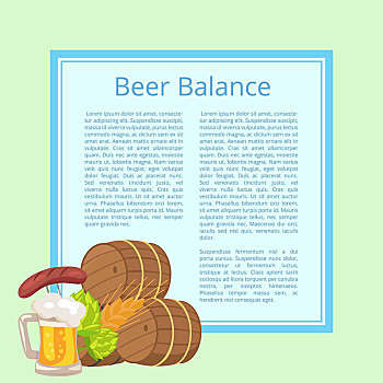 啤酒,平衡,海报,淡蓝色,背景,矢量,插画,木桶,泡沫,大杯,炸香肠,穗,小麦,绿色,蹦跳