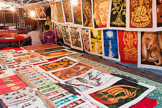 老挝,琅勃拉邦,种族,工艺,夜市,展示,纸,艺术品