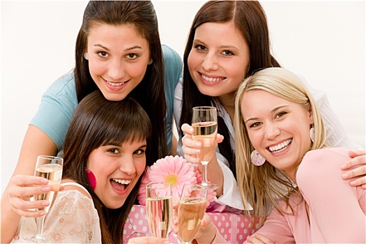 生日派对,庆贺,四个,女人,干杯,香槟