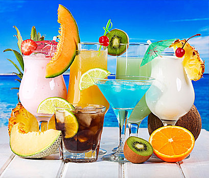 热带,鸡尾酒,新鲜水果,海滩