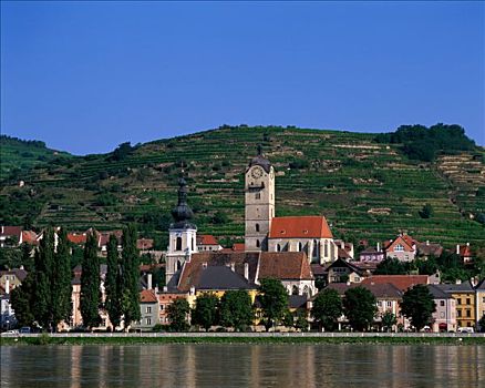 城镇景色,多瑙河,克雷姆斯,瓦绍,奥地利