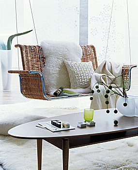 白色,羊皮,垫子,毯子,舒适,藤条,悬吊,长椅,复古,室内
