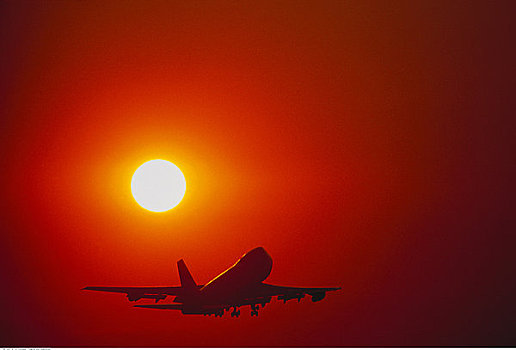 剪影,波音747,喷气式飞机,起飞,日落