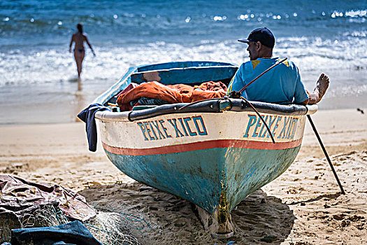 渔民,船,科巴卡巴纳海滩,里约热内卢,巴西