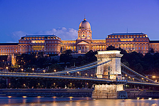 匈牙利,布达佩斯,链索桥,皇宫,黎明