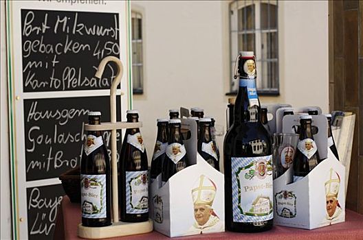 教皇,啤酒,啤酒瓶,展示,旅店,小,市场,因河,巴伐利亚,德国,欧洲