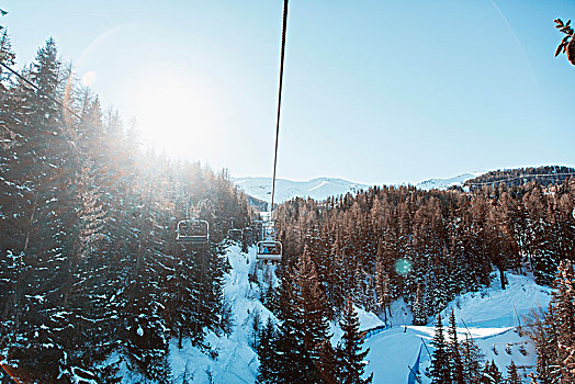 滑雪缆车,上方,阿尔卑斯山,奥斯塔谷,意大利,欧洲