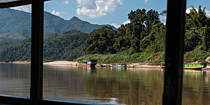 船,河,风景,窗户,湄公河,老挝