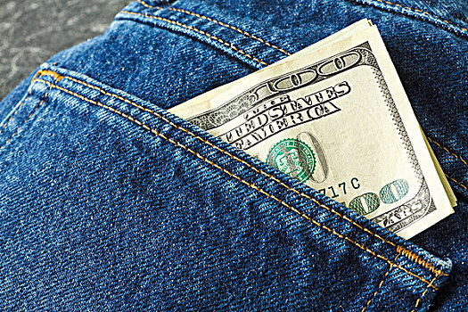 特写,蓝色牛仔裤,展示,100美元,钞票,背影,口袋