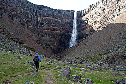 远足者,正面,瀑布,冰岛,欧洲