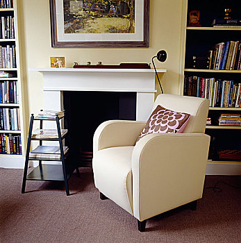 特写,黄色,起居室,壁炉,软垫,皮制扶手椅,书架,边桌,地毯,地面