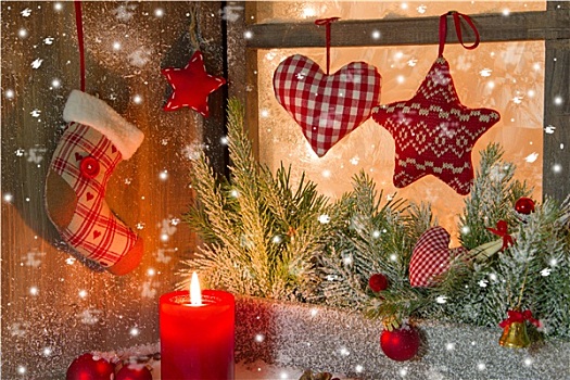 圣诞装饰,红色,蜡烛,窗台