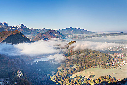 风景,旧天鹅堡,城堡,阿尔卑斯山,上巴伐利亚,德国