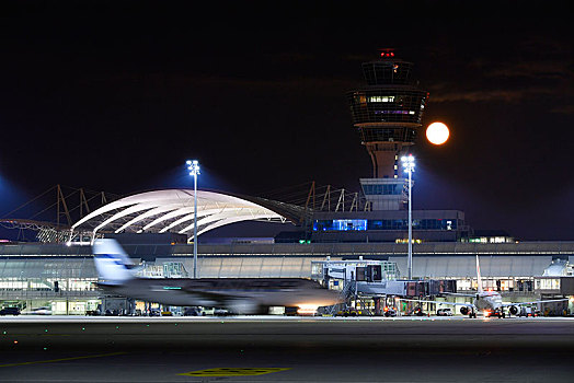 塔,满月,1号航站楼,慕尼黑,机场,上巴伐利亚,巴伐利亚,德国,欧洲