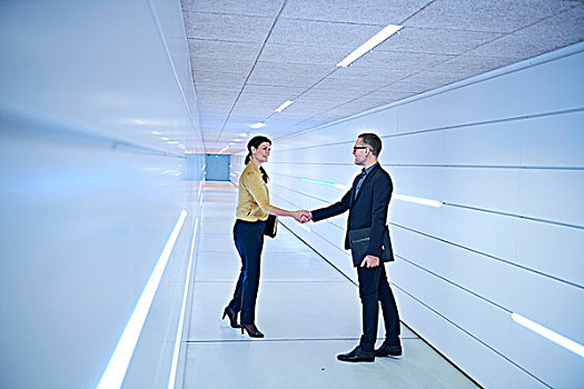 职业女性,男人,握手,办公室,走廊