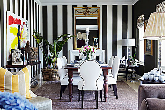 白色,软垫,椅子,桌子,餐厅,黑白,条纹,壁纸