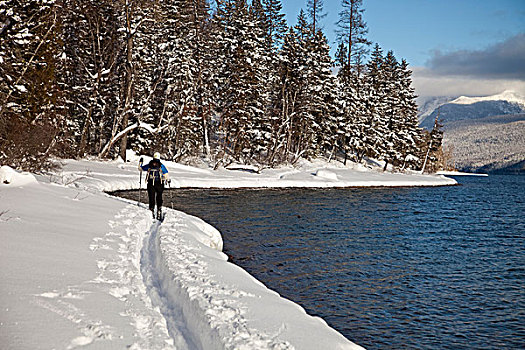 越野滑雪,麦克唐纳湖,冰川国家公园,蒙大拿