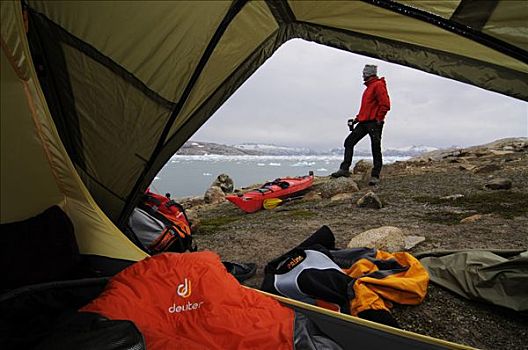 皮划艇手,露营,冰山,东方,格陵兰