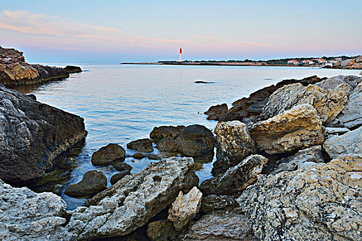 岩石海岸,灯塔,早晨,地中海,法国