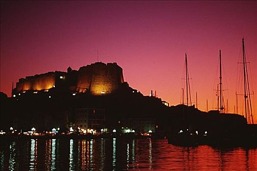 景色,要塞,港口,夜晚,博尼法乔,科西嘉岛,法国